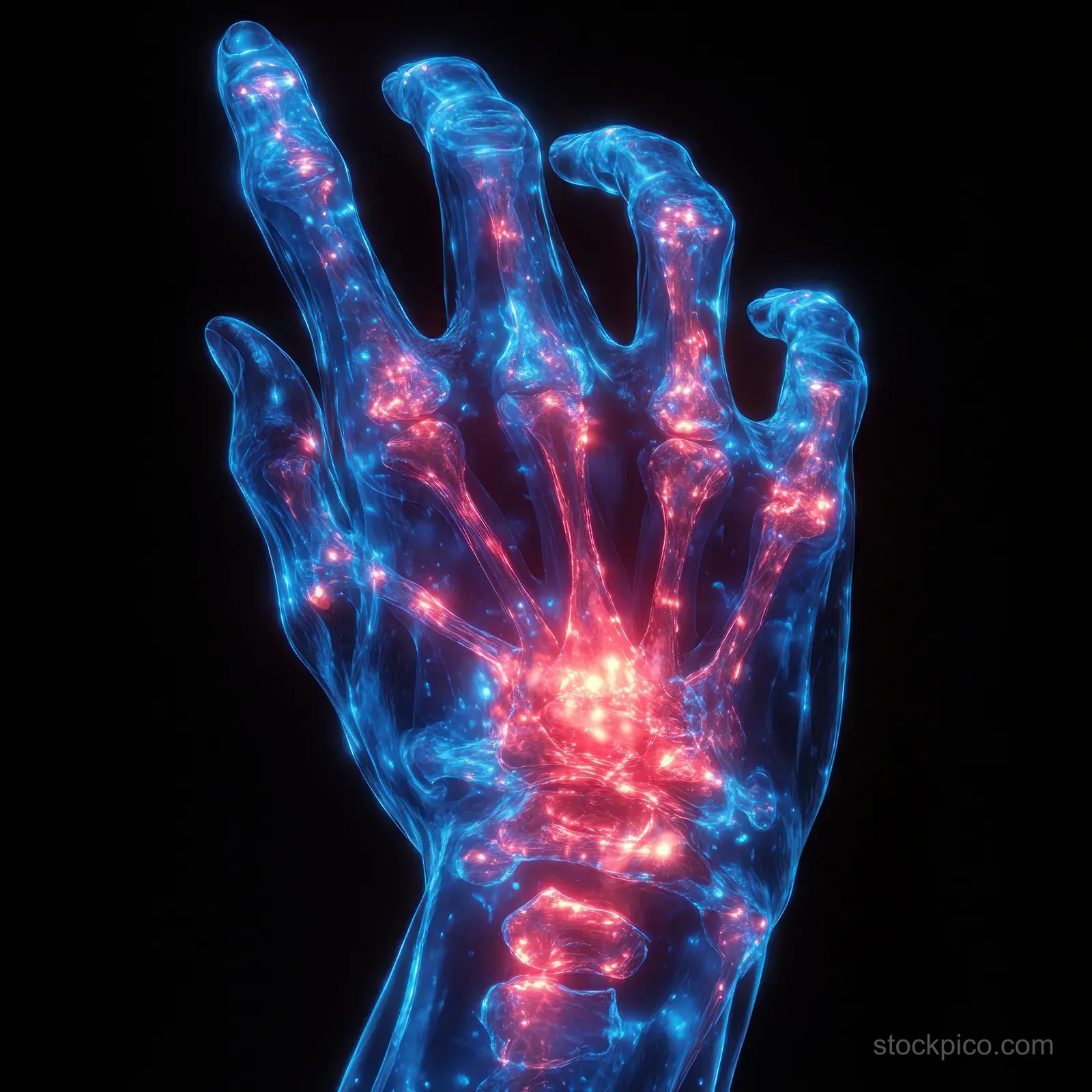 Glowing X-ray hand bones and joints with red inflammation hotspots across the fingers and palm.