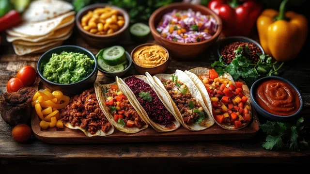 Assorted tacos on a rustic wooden platter with guacamole and salsa bowls, chopped vegetables, and bell peppers around.