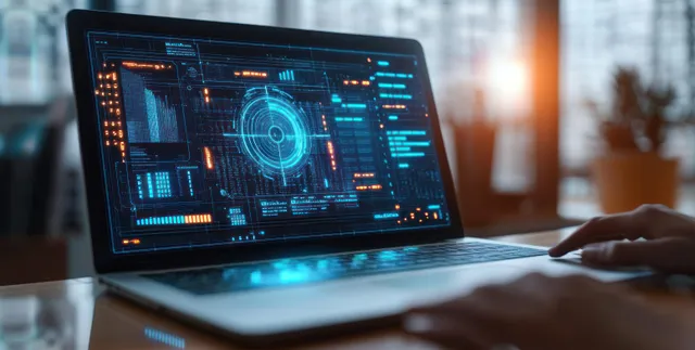 A tablet on a desk shows holographic charts and analytics while a hand interacts with the business dashboard.