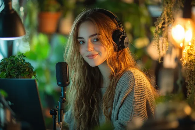 Woman wearing headphones speaks into a studio microphone in a warm, plant-filled home recording space while holding coffee.