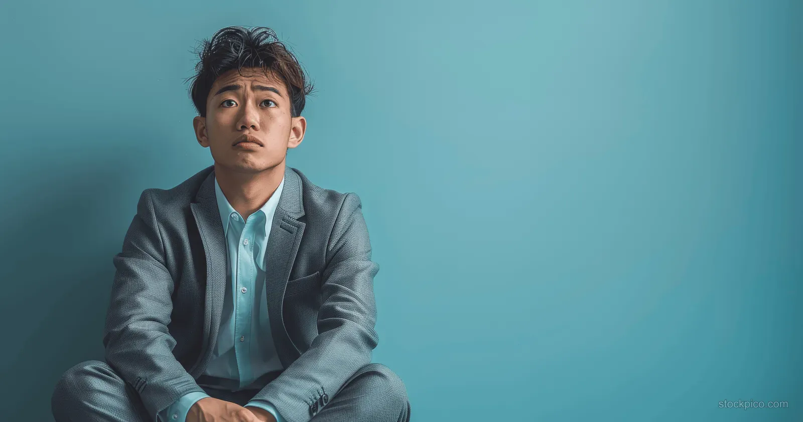 An exhausted Asian businessman in a suit sits on an office floor with a helpless expression.