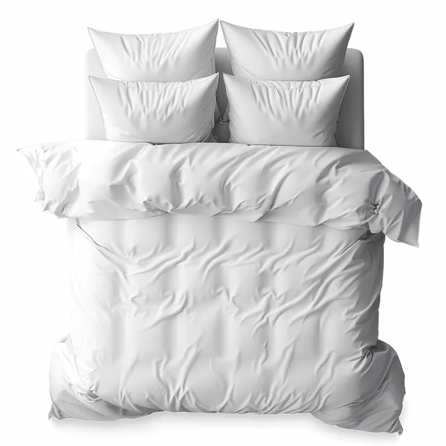 A neatly made bed with four white pillows and a slightly crumpled white duvet against a clean background.