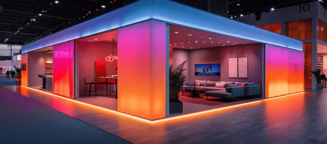 Colorful triangular tech booth with glowing LED panels and an indoor lounge display under ceiling spotlights.