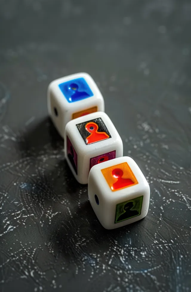 Three white dice showing colorful human profile icons on a textured dark tabletop