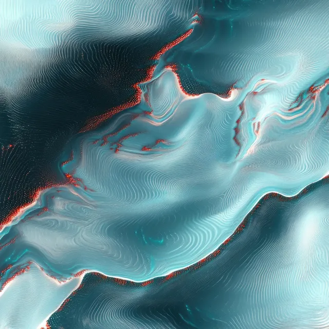 Abstract blue wave landscape with ripple textures, glowing edges, and scattered red points