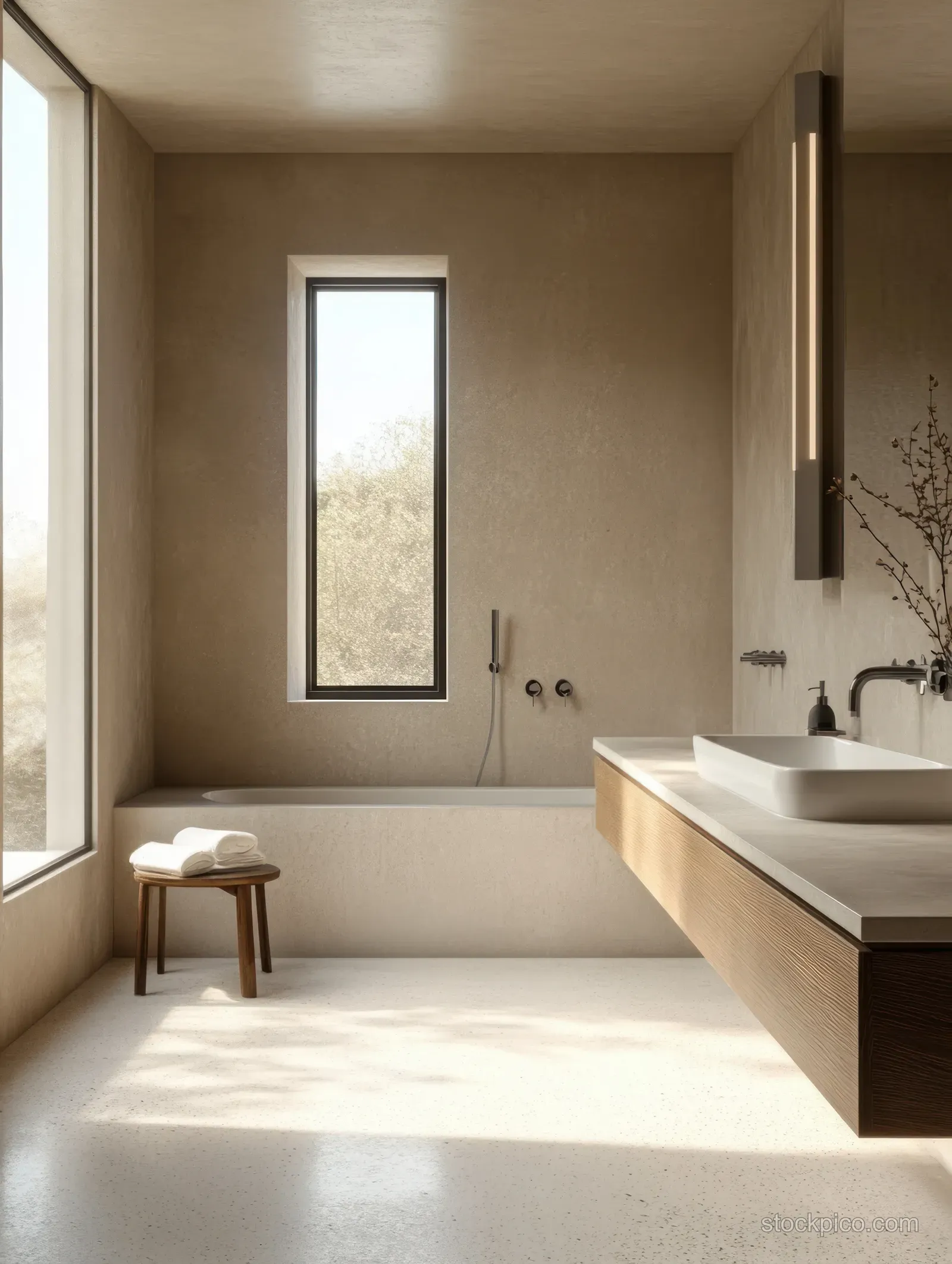 Minimalist concrete bathroom showing bathtub area, double sink vanity, and soft window light with dried floral decor.
