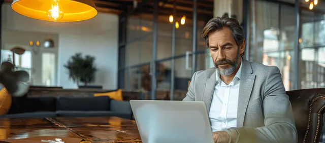Mature CEO types on a laptop at a desk in a modern office with warm lights and large windows.