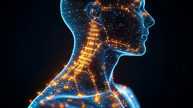 Futuristic neck and spine digital anatomy with glowing neural network on dark profile