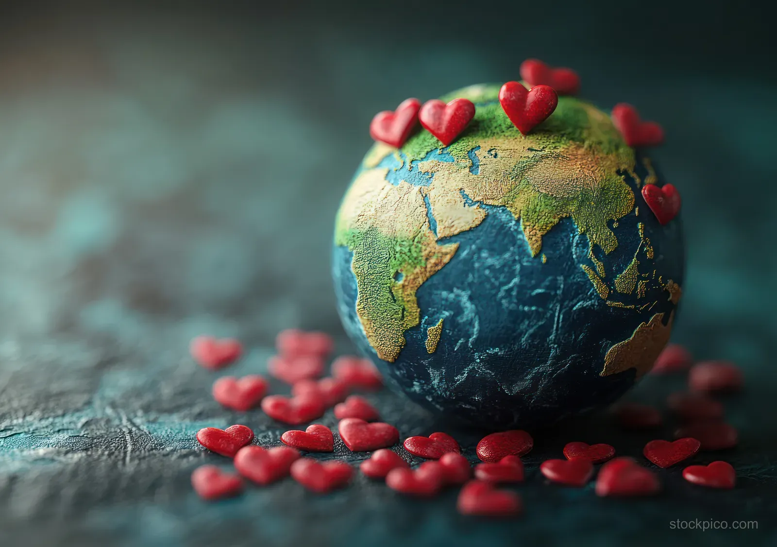 A 3D Earth globe with green continents and blue oceans surrounded by scattered red hearts.