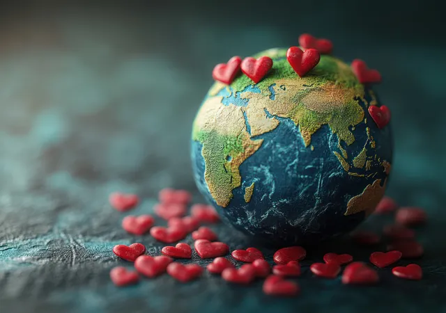 A 3D Earth globe with green continents and blue oceans surrounded by scattered red hearts.