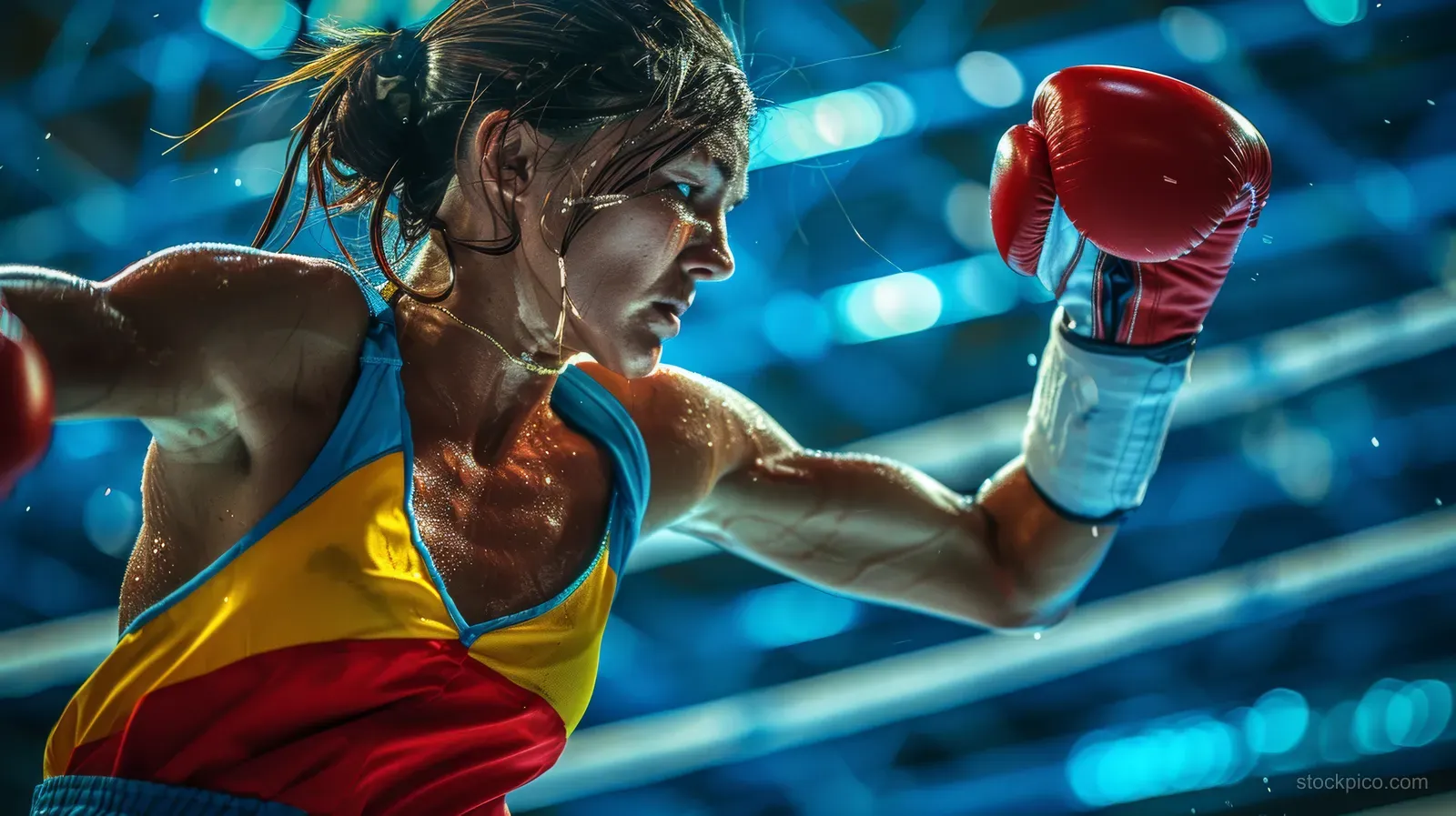 A female boxer in blue and red gear punches toward her opponent under bright blue ring lights.