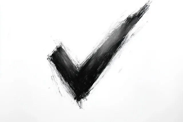 Bold black brushstroke check mark on white background with textured paint edges