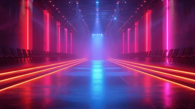 A fashion show runway catwalk with vivid red and blue lights fading into a dark event hall.