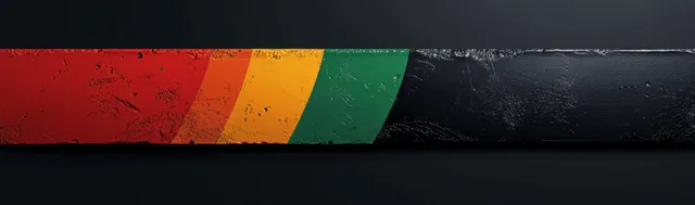 Diagonal red yellow green stripes sweep across a textured black Juneteenth banner background.