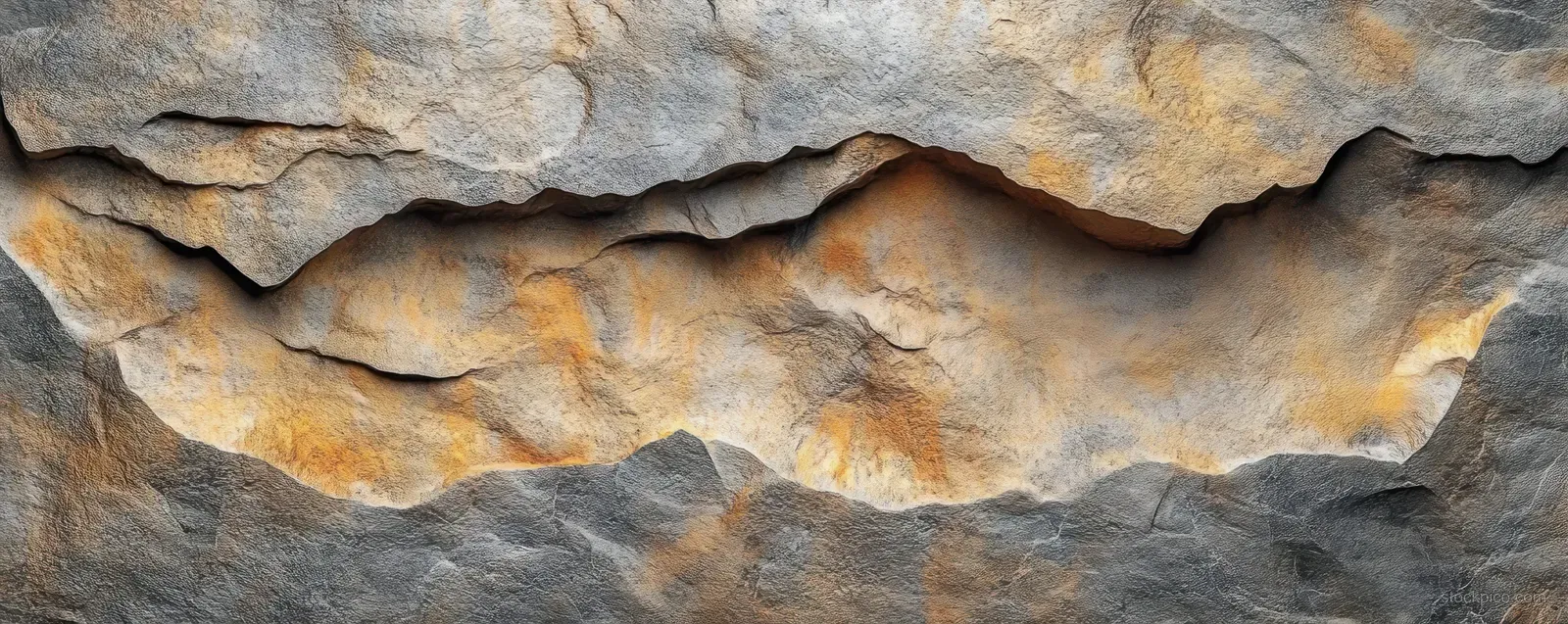 Close-up of a weathered rock face with layered cracks and gray, beige, and rusty-orange mineral tones.
