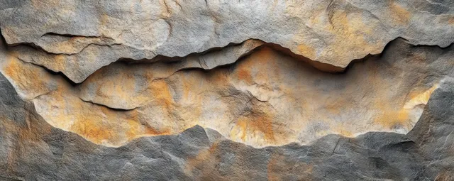 Close-up of rugged rock face with layered cracks and earthy gray to rusty orange tones