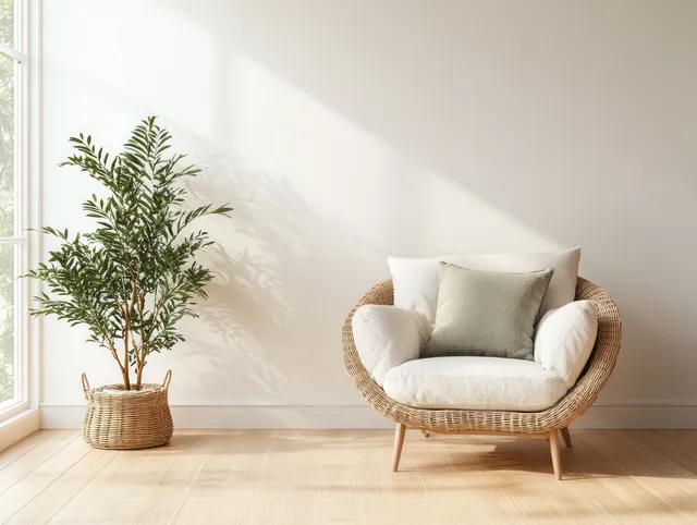 White armchair with green cushions and a leafy plant in a wicker basket near a sunlit window inside a Scandinavian living room.