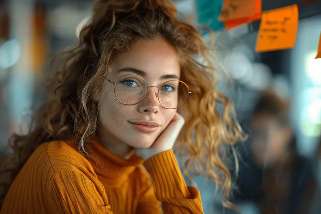 Smiling businesswoman with curly hair taking a phone call beside sticky notes at office desk