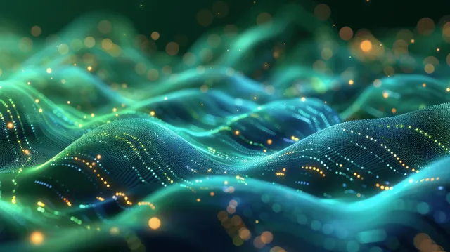 Glowing green and blue digital waves with floating particles over dark abstract network