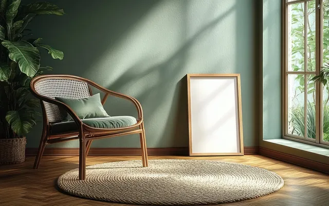 Wooden chair with green cushion beside a round woven rug in a sunlit minimalist room with framed wall art.