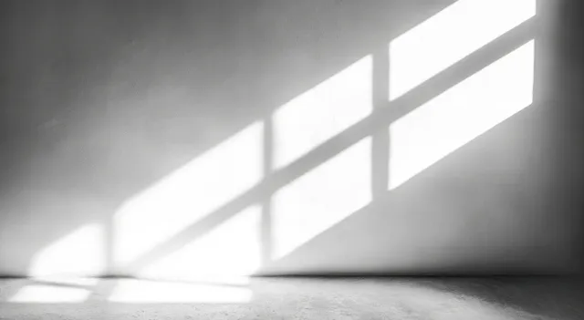 Sunlight beams through a window grid, casting geometric shadows on a textured wall and concrete floor in an empty room.