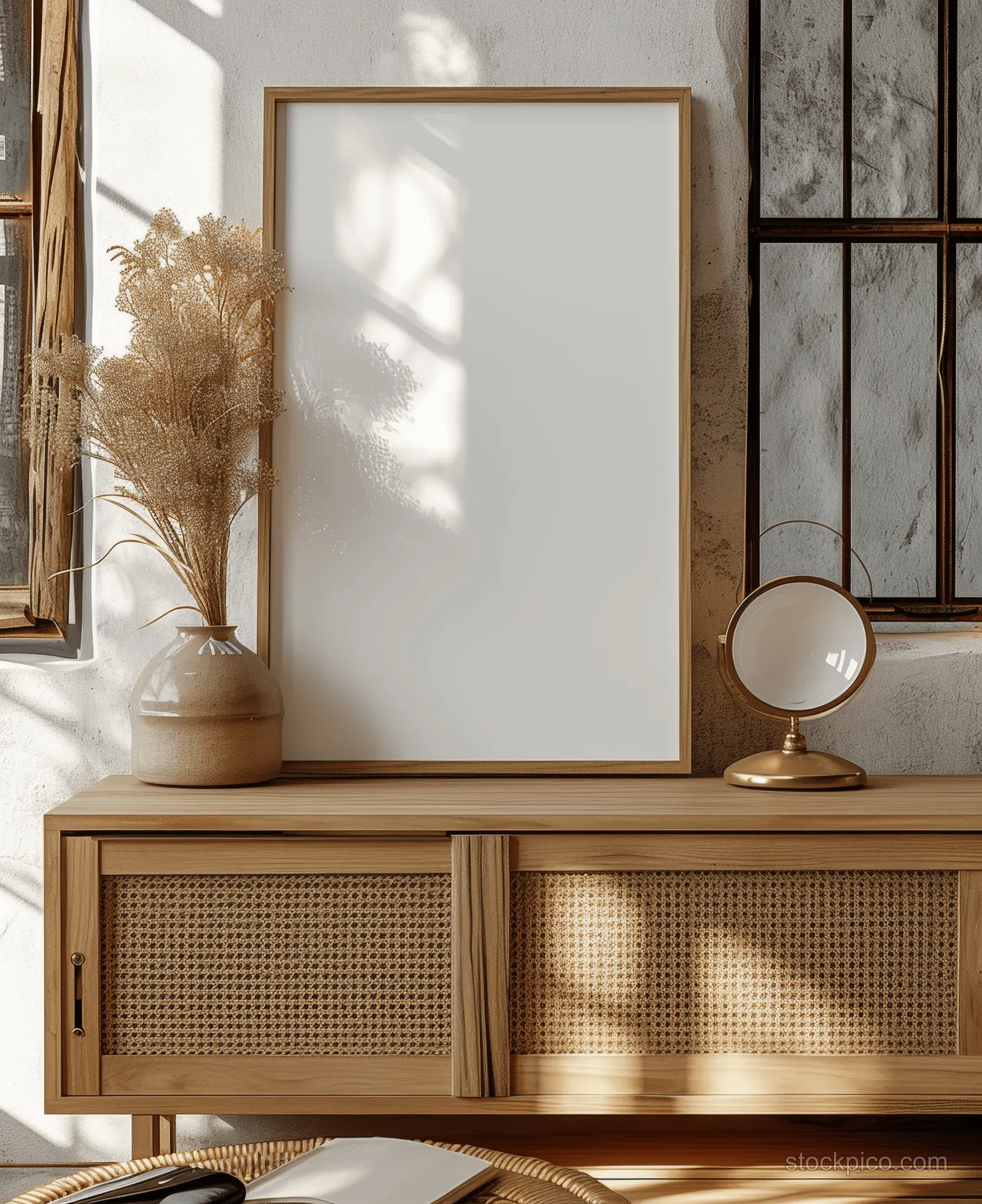 Blank poster in a wooden frame sits on a rattan cabinet in a boho wabi-sabi room with warm sunlight shadows.