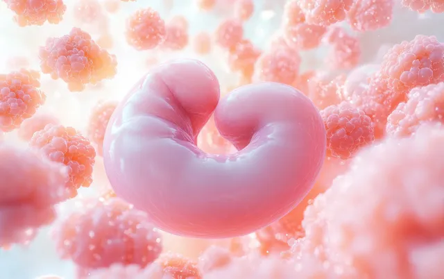 A glowing stomach-shaped 3D form sits amid clusters of pastel cells in a dreamy biological background.