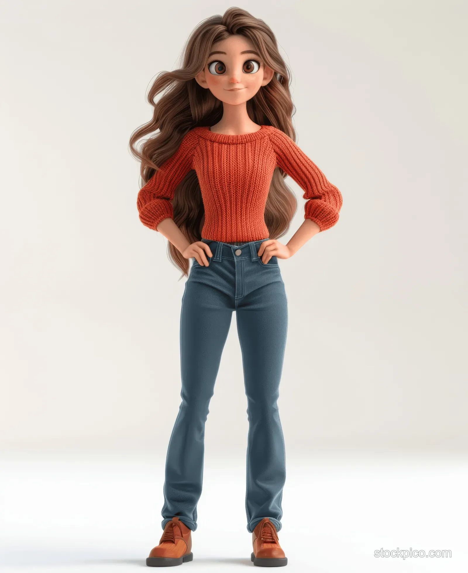 A smiling 3D cartoon woman presents with a hand gesture while wearing a red sweater and blue jeans on white.
