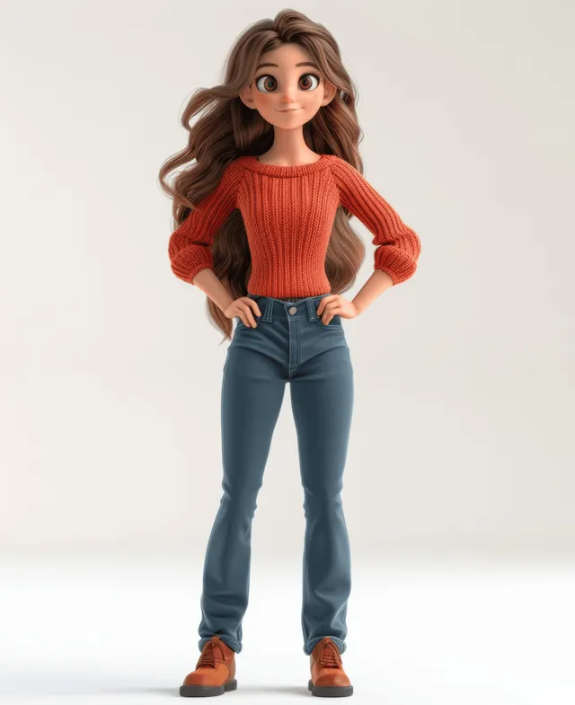 A smiling 3D cartoon woman presents with a hand gesture while wearing a red sweater and blue jeans on white.
