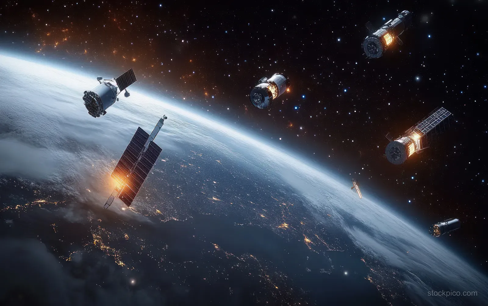 Derelict satellites and glowing space debris orbit Earth with dark stars in the background.