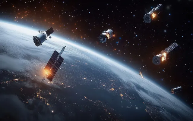 Derelict satellites and glowing space debris orbit Earth with dark stars in the background.