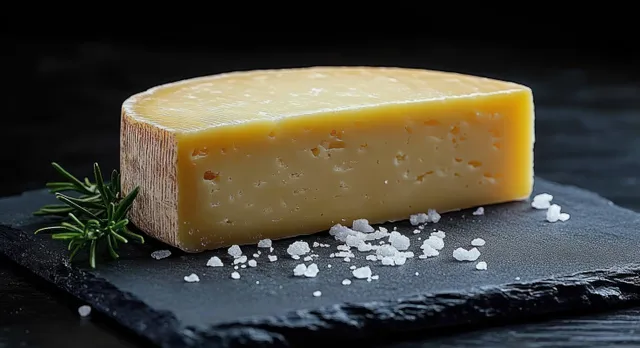 Semi-hard cheese wedge on a dark slate board with coarse salt crystals and rosemary sprig.