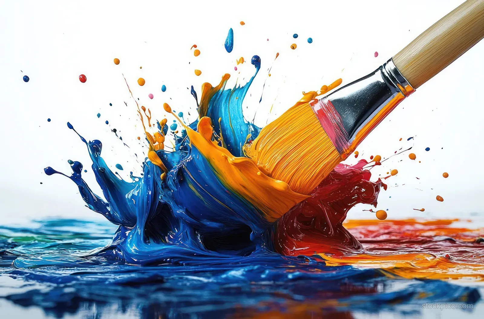 A paintbrush tip stirs blue, orange, and red paint, creating splashes and droplets on a white surface.