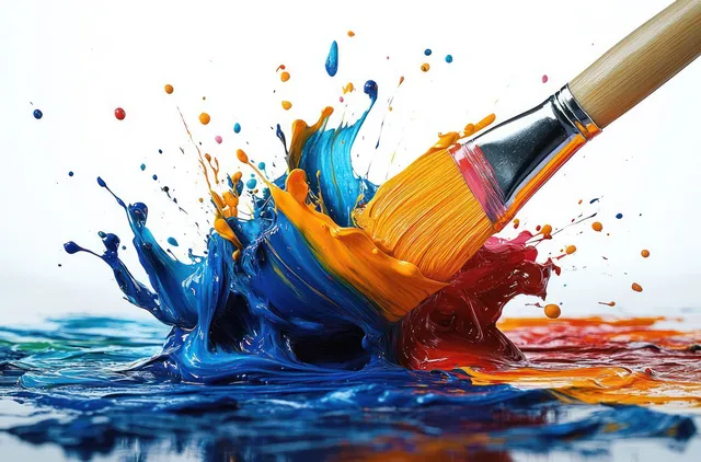 A paintbrush tip stirs blue, orange, and red paint, creating splashes and droplets on a white surface.
