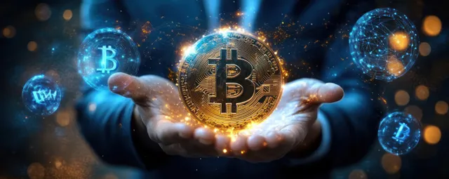 A businessman’s hands hover a glowing holographic bitcoin over a dark blockchain network with floating crypto icons.