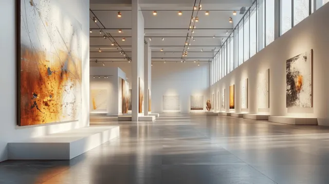 Indoor art gallery corridor with abstract paintings on white walls and warm golden track lights.
