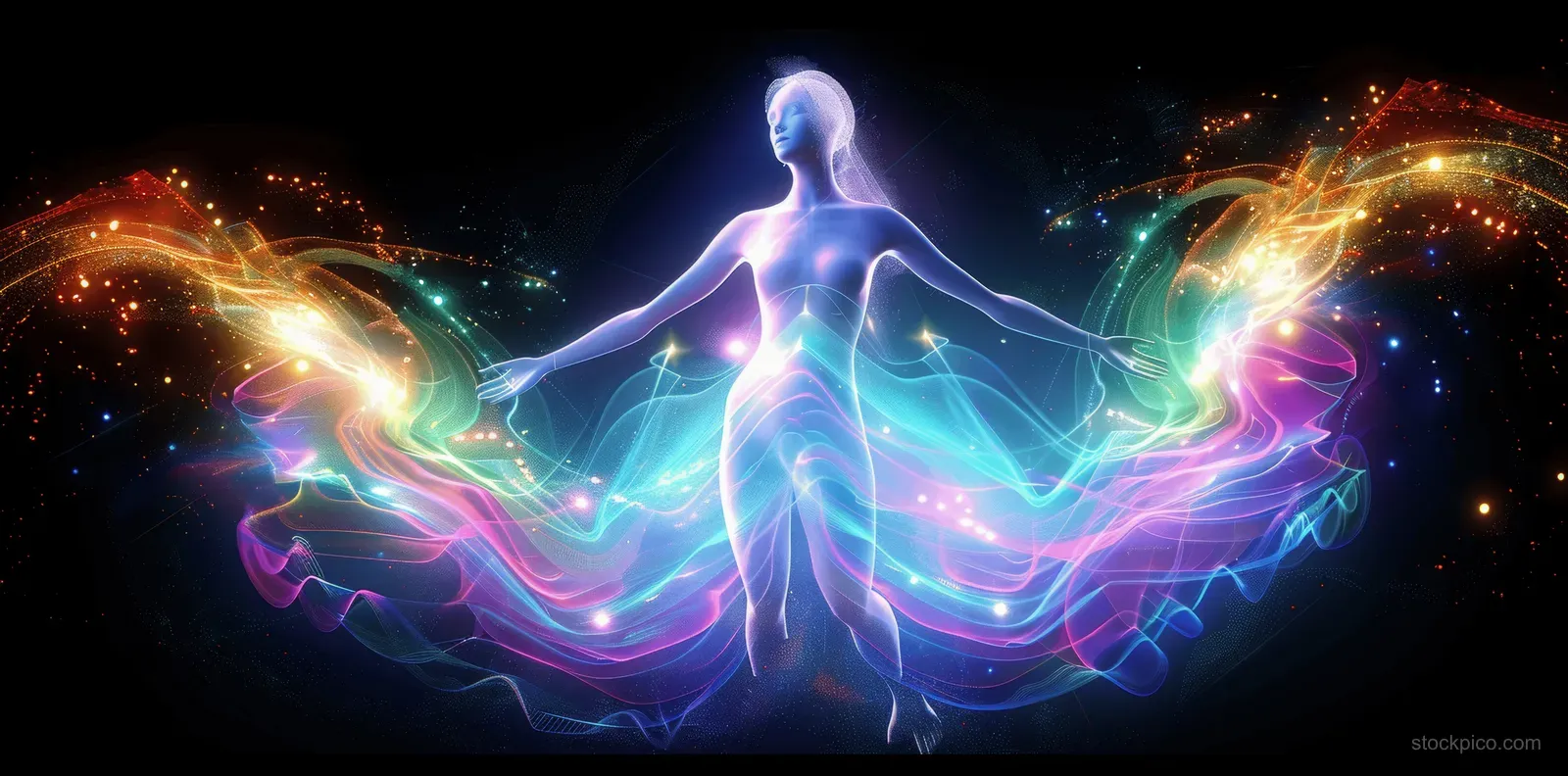 A glowing meditating woman made of rainbow light floats in a dark starry space with swirling energy waves.