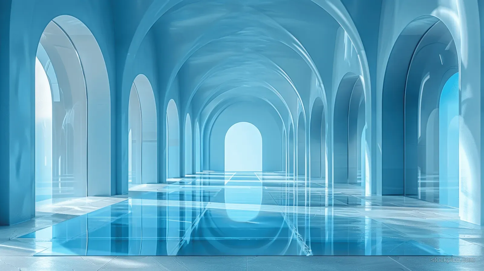 Futuristic corridor with tall blue arches and reflective floor showing soft light reflections and symmetry.