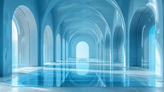 Futuristic blue corridor with tall arched vaults, glassy floor reflections, and soft light