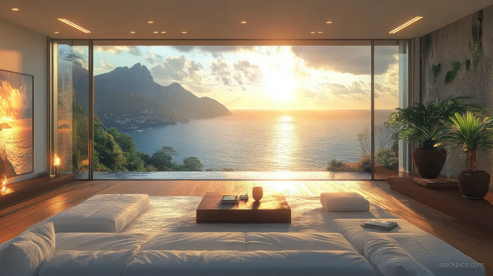Minimalist living room with wooden floor, neutral sofas, and floor-to-ceiling windows overlooking a sunlit ocean and mountains.