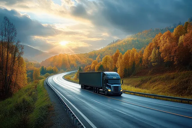A black semi-truck drives on a winding wet highway through an autumn forest with sunlight breaking through clouds.