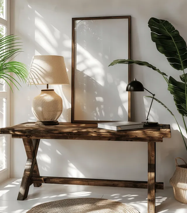 Rustic wooden desk in a sunlit boho living room with a table lamp, framed poster mockup, and leafy plants.