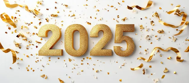Golden 2025 numerals on a dark background with confetti and ribbon streamers celebrating the New Year.