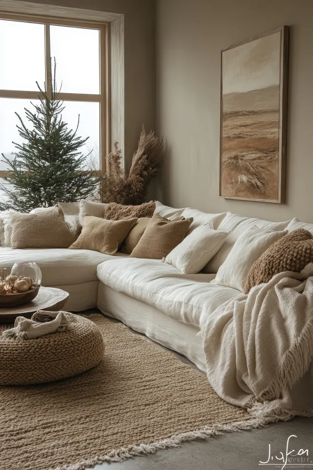 Minimalist living room with warm lights, knit blankets, a small Christmas tree, and wrapped presents on a table.