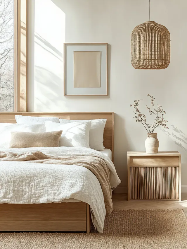 Scandinavian bedroom with a wooden bed, white bedding, woven pendant lamp, and potted plant on a nightstand in soft daylight.