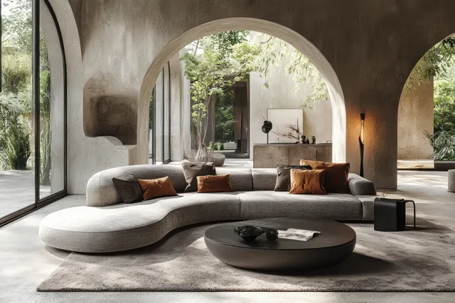 Grey curved sofa and black coffee table in a minimalist living room with arched openings and bright daylight.