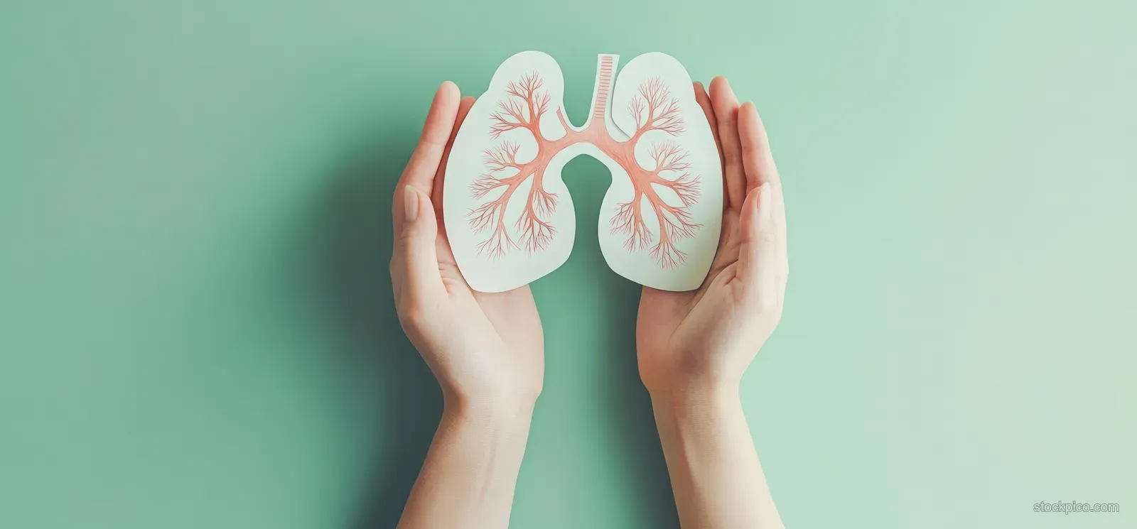 Hands hold paper lungs on a mint green background.