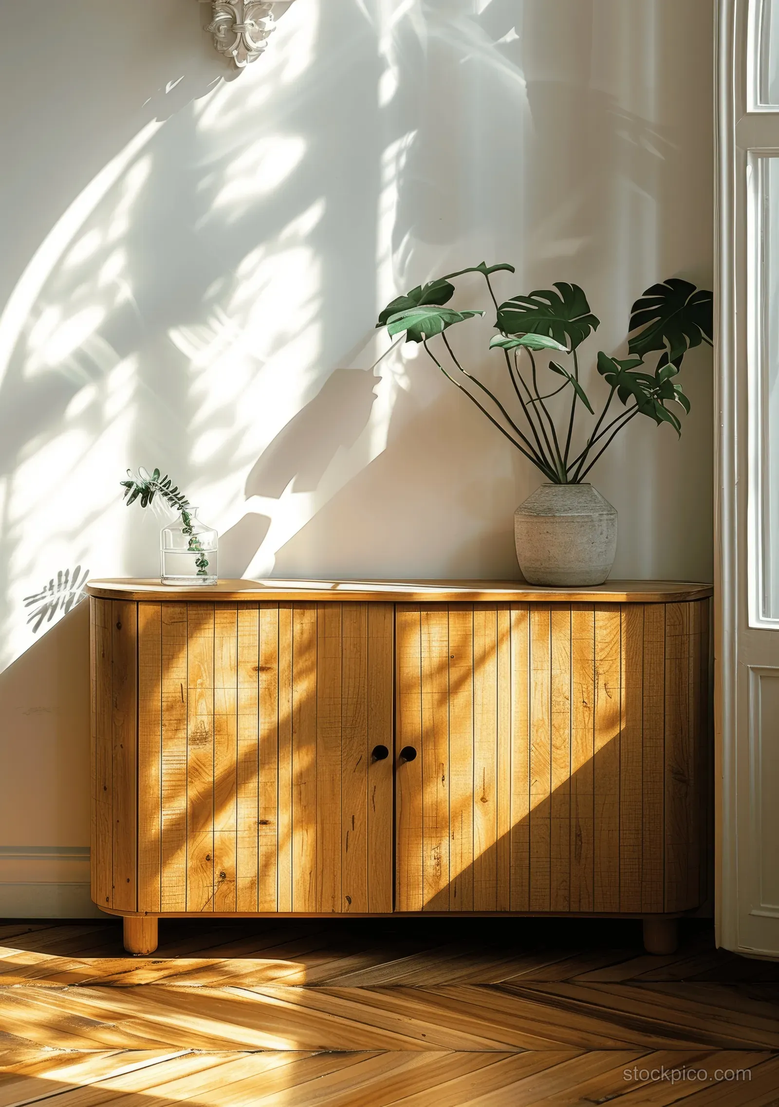 Sunlit minimalist wooden sideboard against a white wall with potted plants and striped light on parquet flooring.