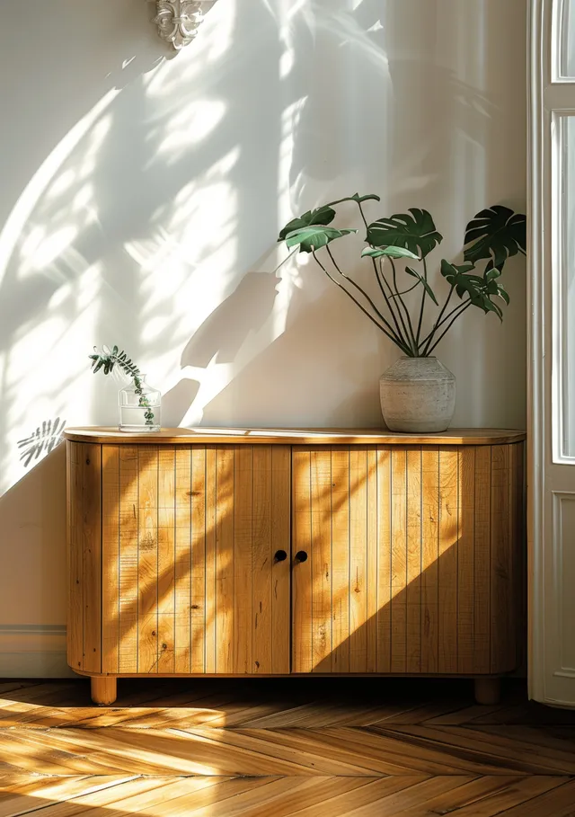 Sunlit minimalist wooden sideboard against a white wall with potted plants and striped light on parquet flooring.