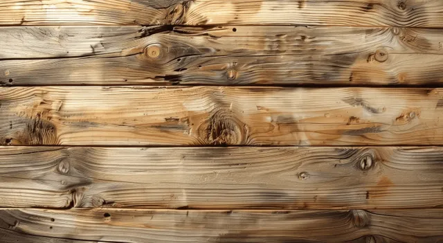 Top view of weathered pine wooden planks with knots, deep grain, and worn seams.